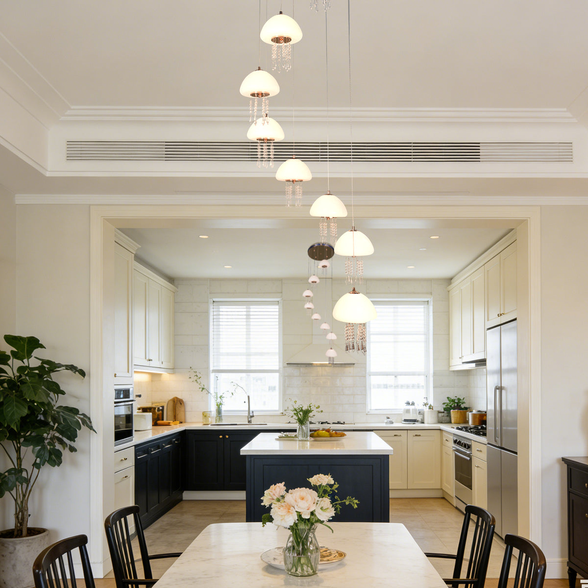 8-Light Modern Crystal Jellyfish Chandelier - 3-Color LED Staircase Pendant Light with Frosted Glass Shades, Gold Finish