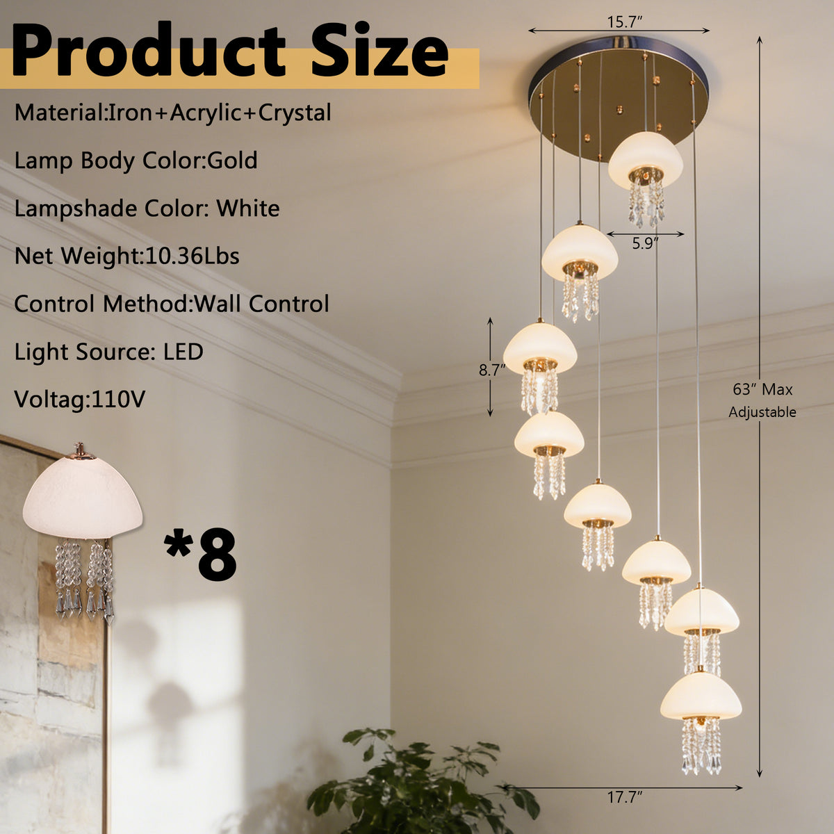 8-Light Modern Crystal Jellyfish Chandelier - 3-Color LED Staircase Pendant Light with Frosted Glass Shades, Gold Finish