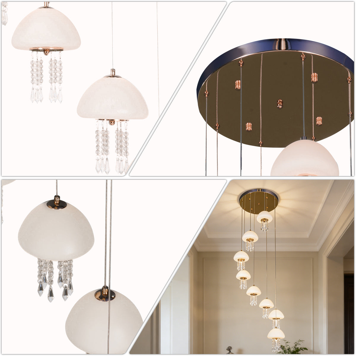 8-Light Modern Crystal Jellyfish Chandelier - 3-Color LED Staircase Pendant Light with Frosted Glass Shades, Gold Finish