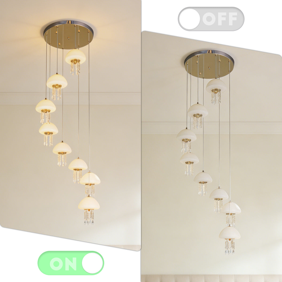 8-Light Modern Crystal Jellyfish Chandelier - 3-Color LED Staircase Pendant Light with Frosted Glass Shades, Gold Finish