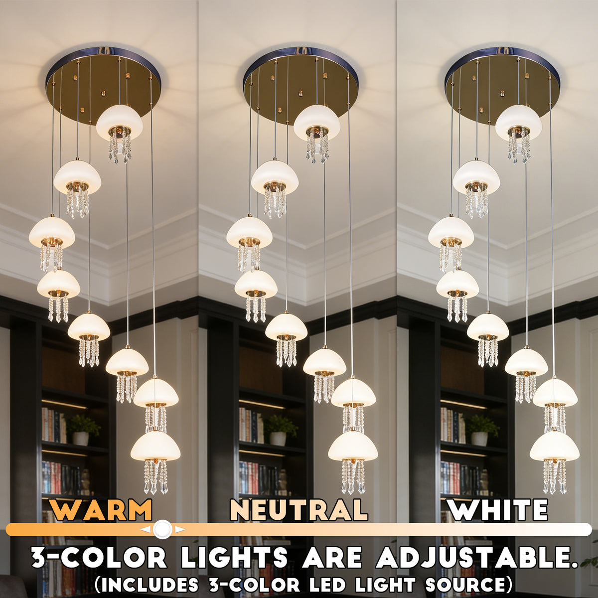 8-Light Modern Crystal Jellyfish Chandelier - 3-Color LED Staircase Pendant Light with Frosted Glass Shades, Gold Finish
