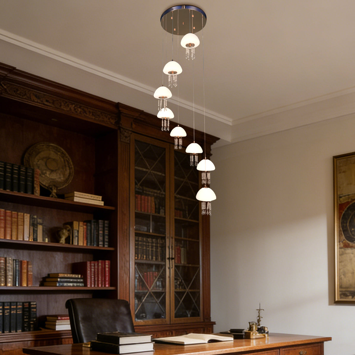 8-Light Modern Crystal Jellyfish Chandelier - 3-Color LED Staircase Pendant Light with Frosted Glass Shades, Gold Finish