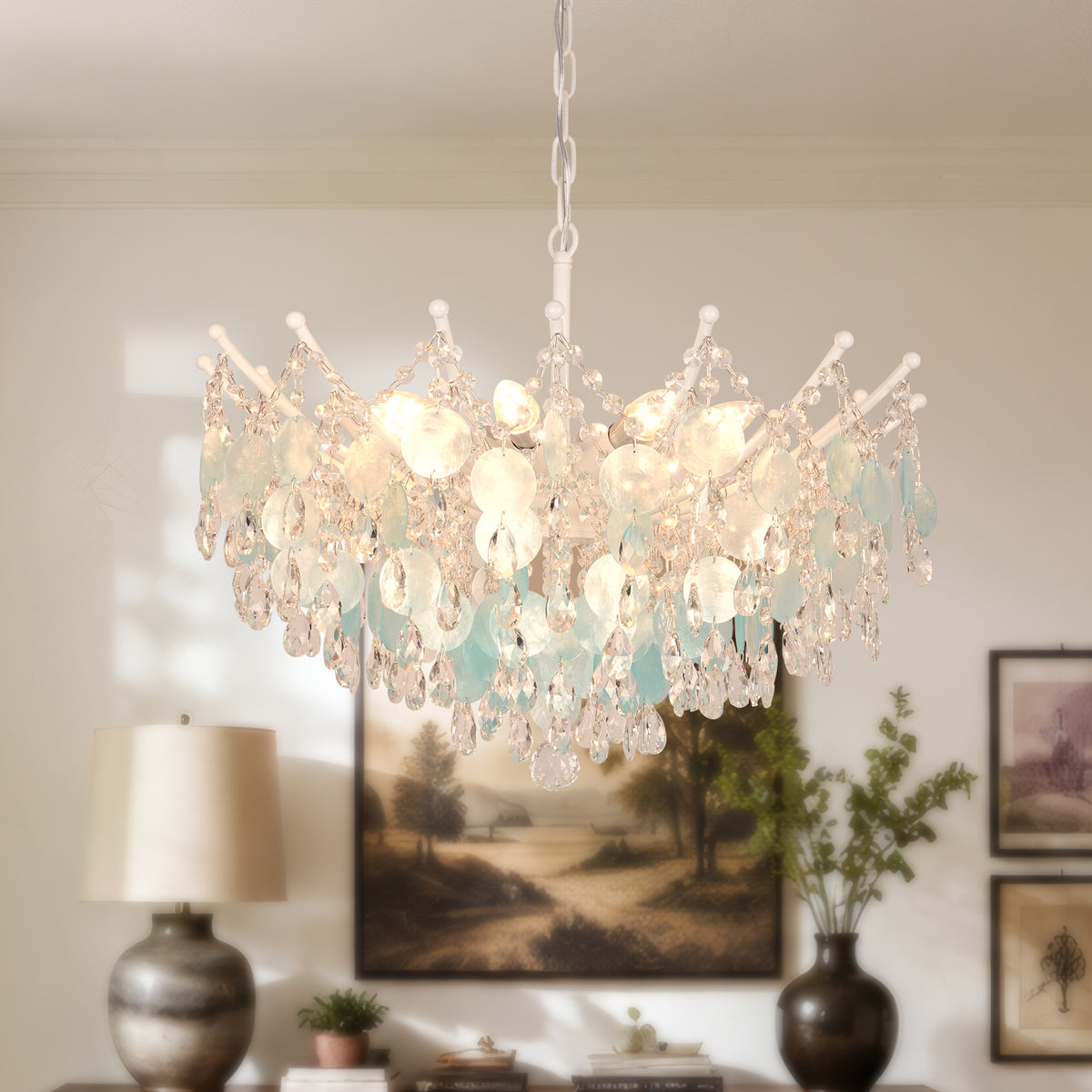 Aqua Shell & Crystal Chandelier, Coastal Modern Ceiling Light Fixture