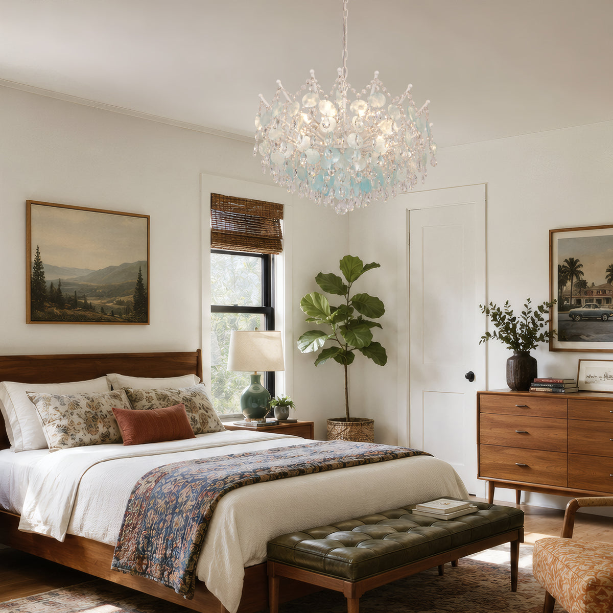 Aqua Shell & Crystal Chandelier, Coastal Modern Ceiling Light Fixture