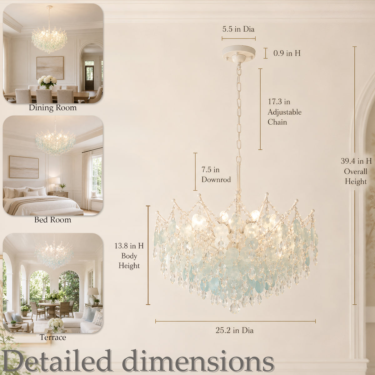Aqua Shell & Crystal Chandelier, Coastal Modern Ceiling Light Fixture