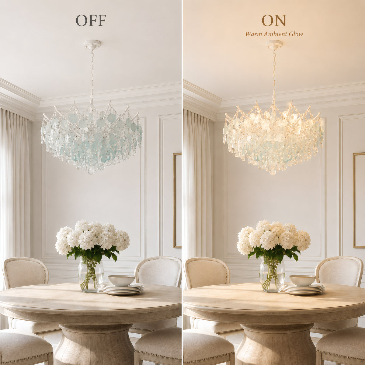 Aqua Shell & Crystal Chandelier, Coastal Modern Ceiling Light Fixture