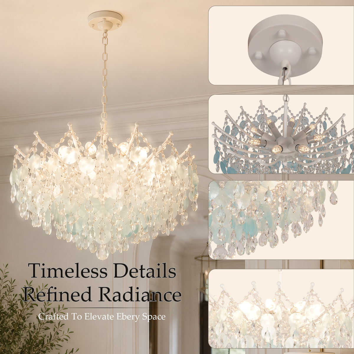 Aqua Shell & Crystal Chandelier, Coastal Modern Ceiling Light Fixture