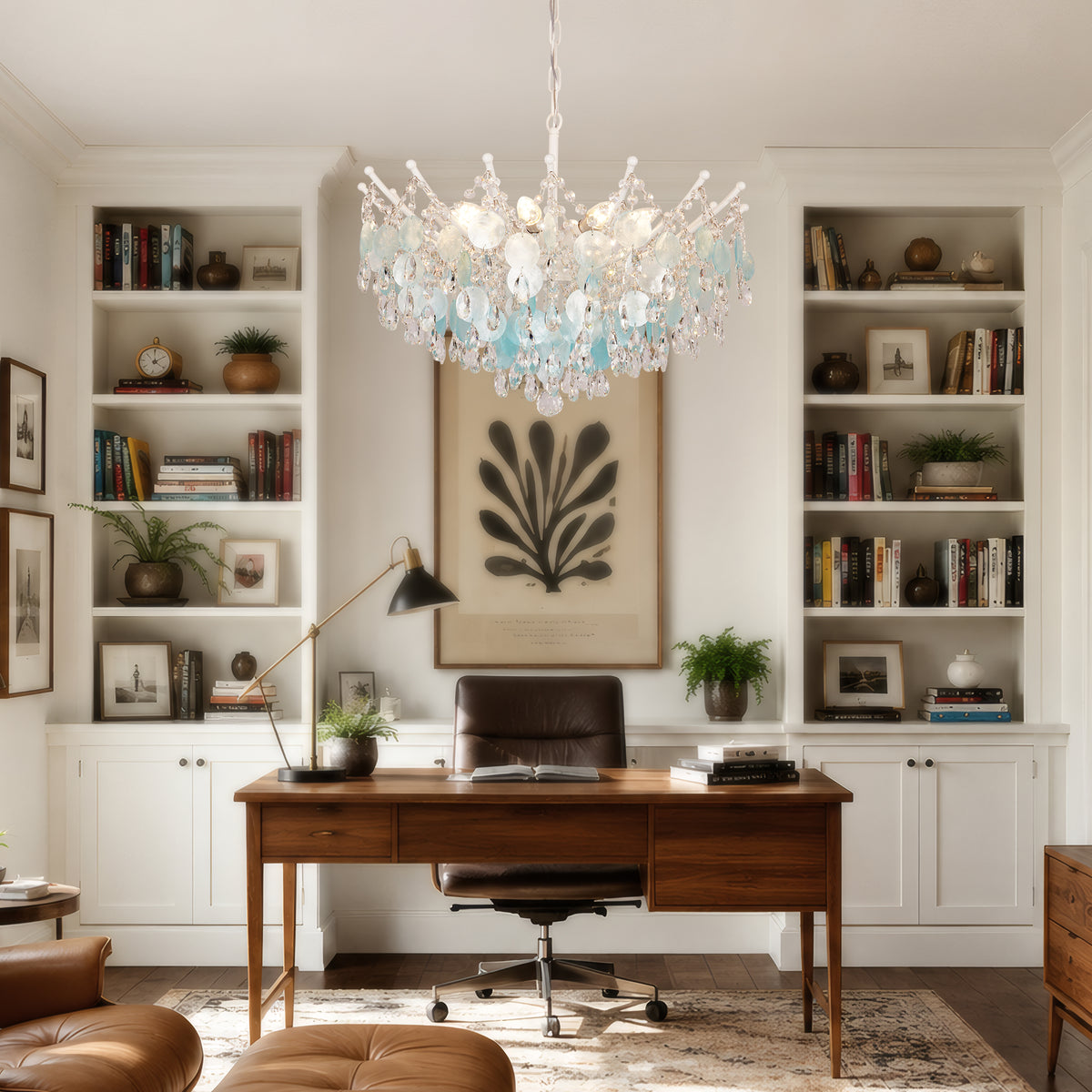 Aqua Shell & Crystal Chandelier, Coastal Modern Ceiling Light Fixture