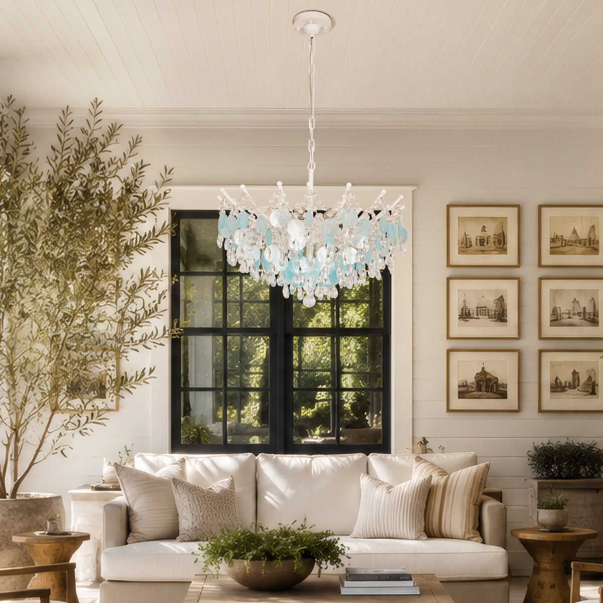 Aqua Shell & Crystal Chandelier, Coastal Modern Ceiling Light Fixture