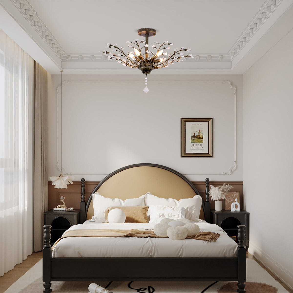 Vintage Large Crystal Branches Chandeliers,Close to Ceiling Light Flush Mount Fixture Black Flower Shape for Bedroom Entryway Living Room-Black 5 Heads Ceiling DS-SY59