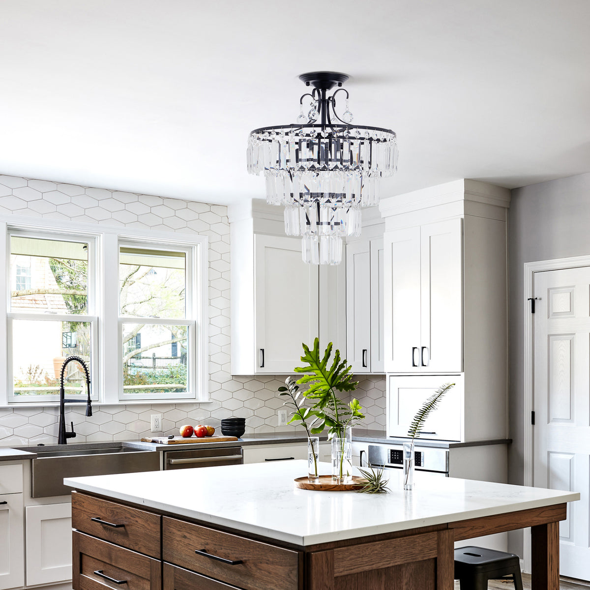 5-Light Antique Black Crystal Round Chandelier - Modern Semi Flush Mount Ceiling Light for Living Room, Dining Room, Bedroom, and More DS-SZ60