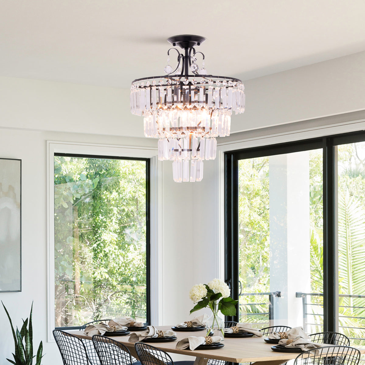 5-Light Antique Black Crystal Round Chandelier - Modern Semi Flush Mount Ceiling Light for Living Room, Dining Room, Bedroom, and More DS-SZ60
