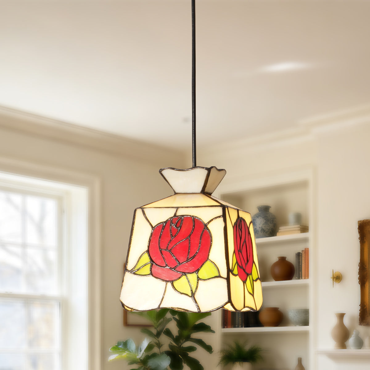 Rose Stained Glass Pendant Light, Vintage Art Deco Hanging Lamp