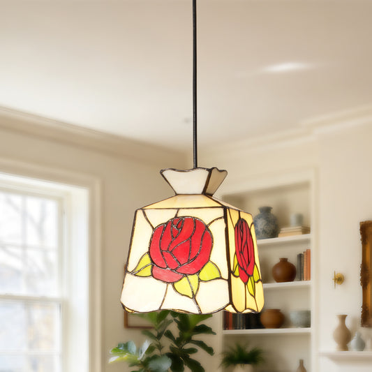 Rose Stained Glass Pendant Light, Vintage Art Deco Hanging Lamp