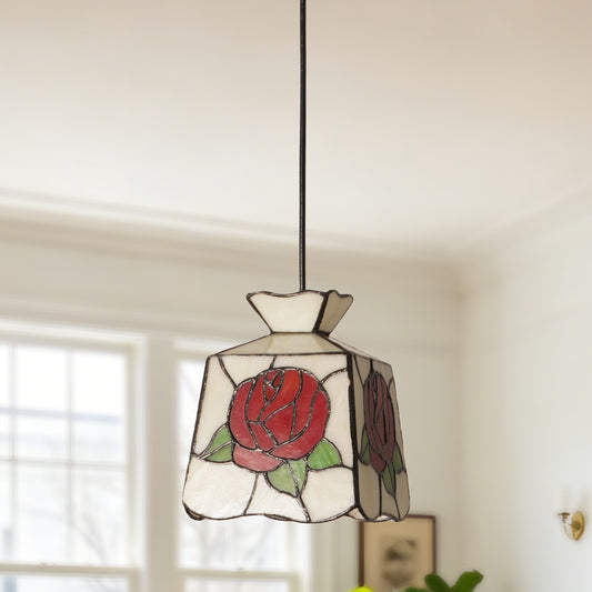 Rose Stained Glass Pendant Light, Vintage Art Deco Hanging Lamp