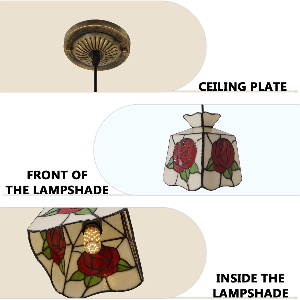 Rose Stained Glass Pendant Light, Vintage Art Deco Hanging Lamp