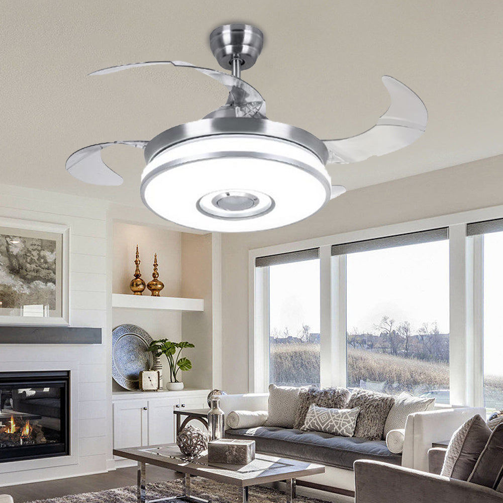 42-inch silver ceiling fan with Bluetooth speaker and LED light in a modern living room