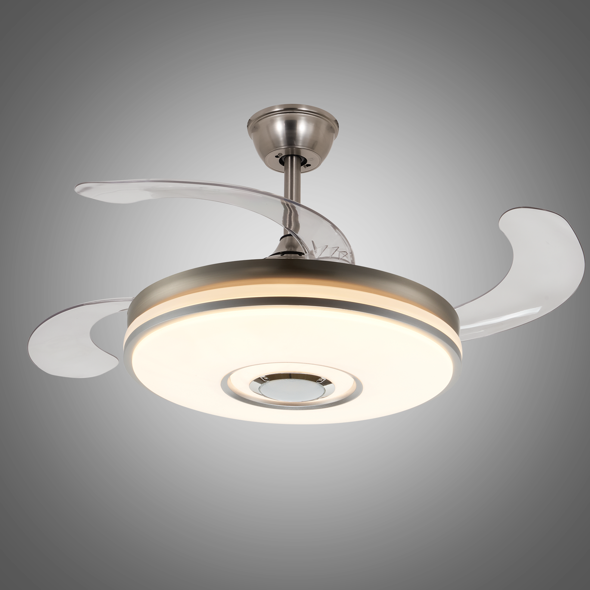 Silver retractable ceiling fan with transparent blades, warm LED light and built-in Bluetooth speaker