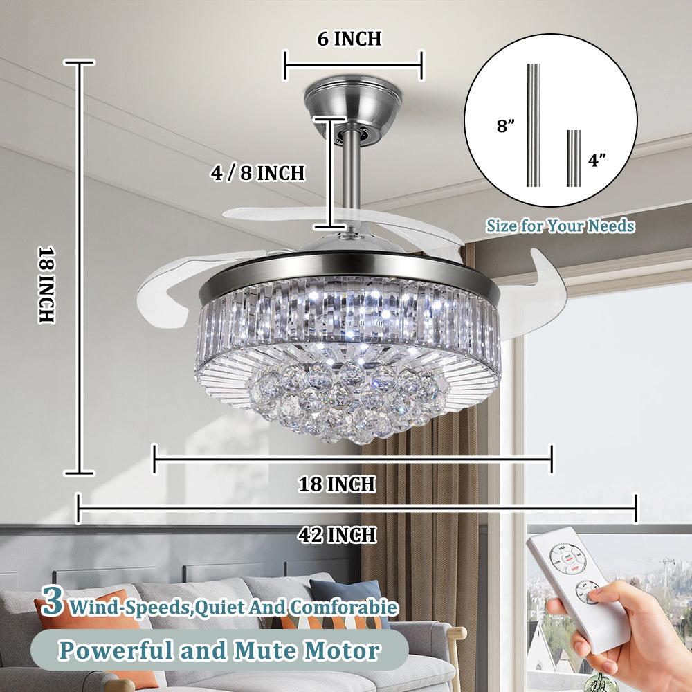 42-inch brushed nickel retractable crystal ceiling fan with 18-inch light fixture and remote control