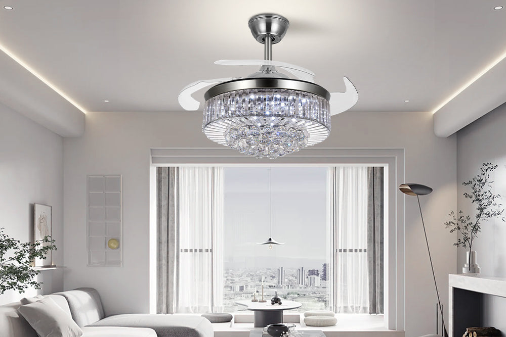 Brushed nickel retractable crystal ceiling fan with cool white LED light in a bright modern living room