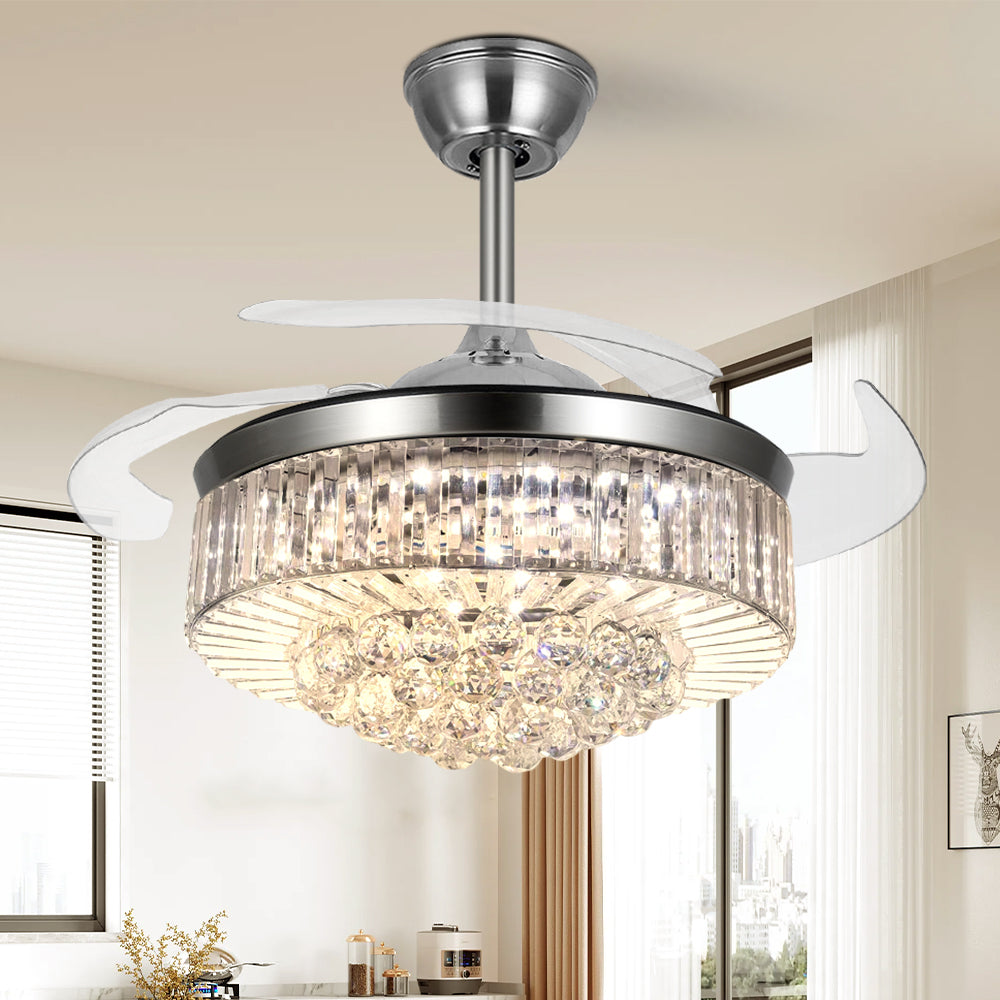 Brushed nickel retractable ceiling fan with crystal chandelier light in a modern living room