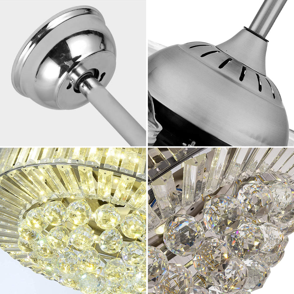 Close-up details of brushed nickel canopy, motor housing and crystal chandelier light