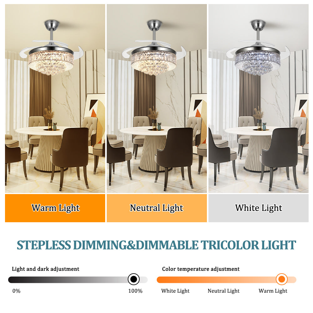 Brushed nickel retractable crystal ceiling fan showing warm, neutral and white light with stepless dimming