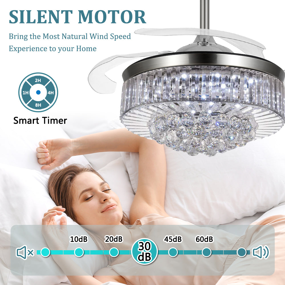 Brushed nickel retractable crystal ceiling fan with silent motor and 1, 2, 4 and 8-hour timer