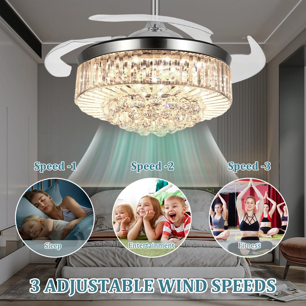 Brushed nickel retractable crystal ceiling fan showing three adjustable wind speeds for sleep, entertainment and fitness