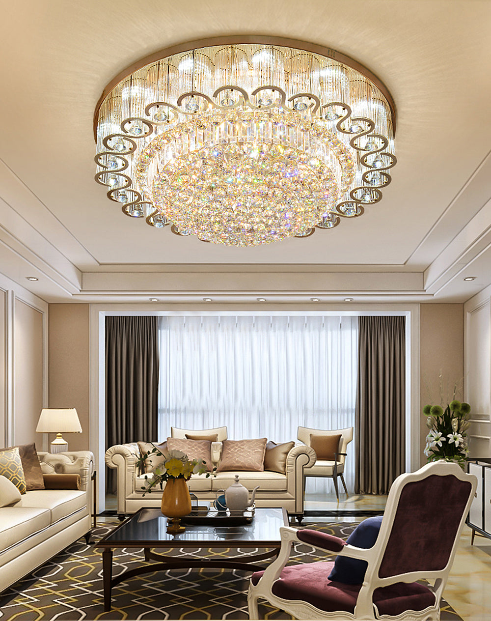 Luxury Modern K9 Crystal Chandelier Flush Mount LED Ceiling Light Fixture Gorgeous Pendant Lamp for Living Room Bar Shop (Dia 23.6") DS-TT29