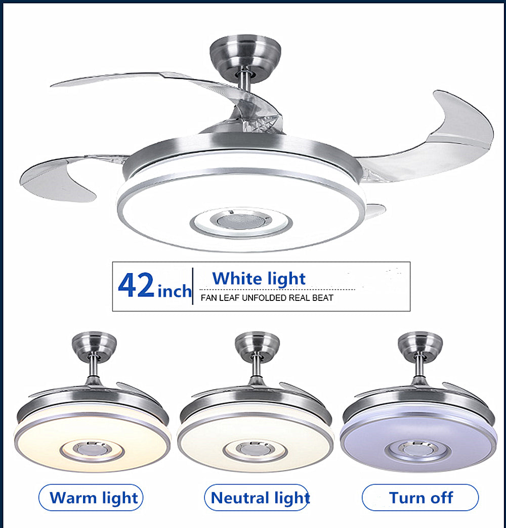 42-inch silver ceiling fan showing warm light, neutral light and light-off modes