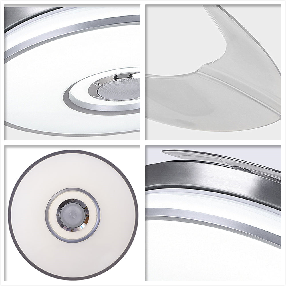 Close-up details of silver ceiling fan with LED light, Bluetooth speaker and transparent blades