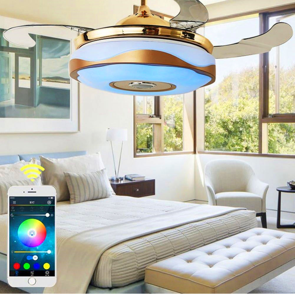 42" Smart Bluetooth Music Player Ceiling Fans with LED Colorful Light Retractable Blades Chandelier DS-TT61